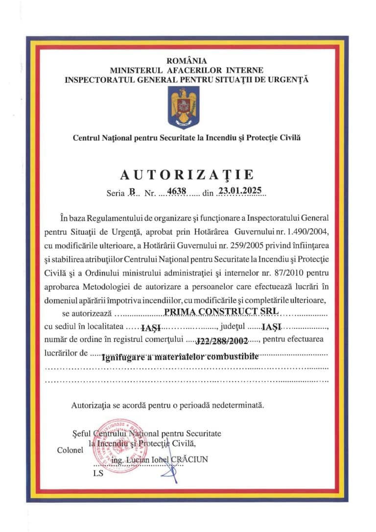 Autorizatie de ignifugare a materialelor combustibile
